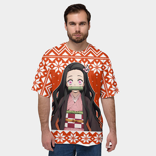 Мужская футболка оверсайз Незуко Комадо свитер новогодний / 3D-принт – фото 3