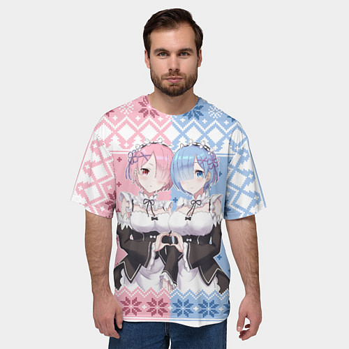 Мужская футболка оверсайз Рем и Рам новогодний свитер / 3D-принт – фото 3