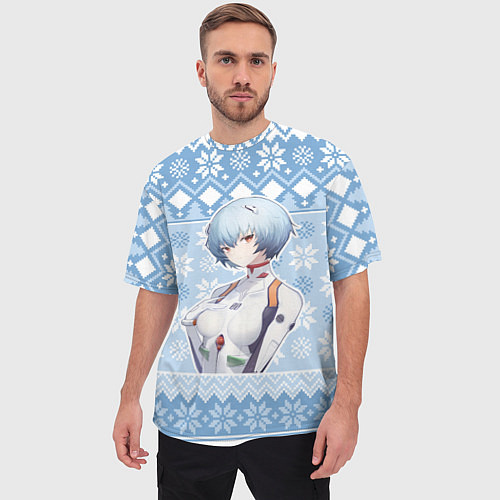 Мужская футболка оверсайз Rei christmas sweater Evangelion / 3D-принт – фото 3