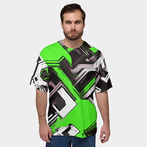 Мужская футболка оверсайз Бело-зелёный техно паттерн на чёрном фоне / 3D-принт – фото 3