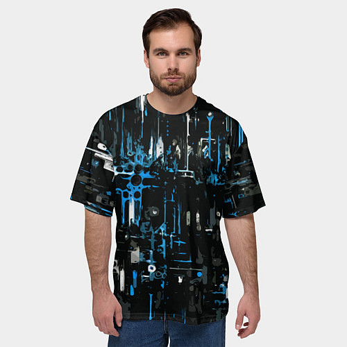 Мужская футболка оверсайз Бело-синяя тревожная абстракция на чёрном фоне / 3D-принт – фото 3