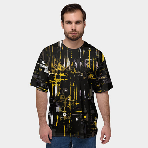 Мужская футболка оверсайз Бело-жёлтая абстракция на чёрном фоне / 3D-принт – фото 3