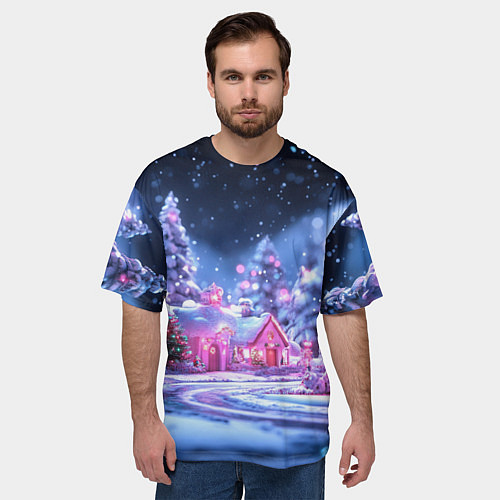 Мужская футболка оверсайз Неоновые новогодние домики / 3D-принт – фото 3