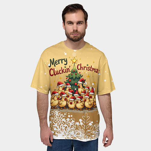 Мужская футболка оверсайз Курицы у ёлки / 3D-принт – фото 3