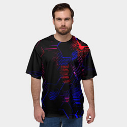 Футболка оверсайз мужская Красно-синие точки и линии на чёрном фоне, цвет: 3D-принт — фото 2