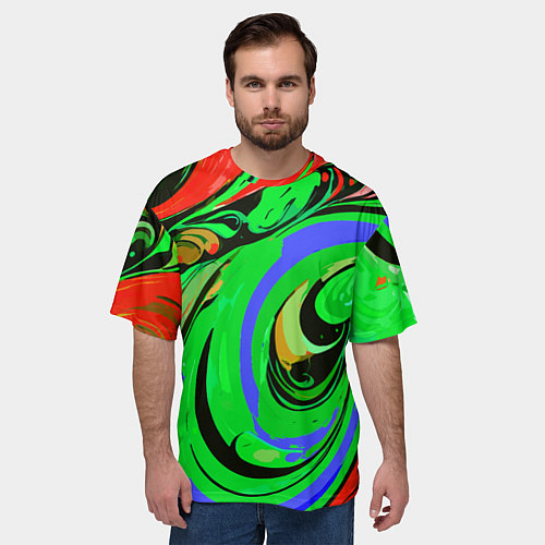 Мужская футболка оверсайз Красно-зелёный узор / 3D-принт – фото 3