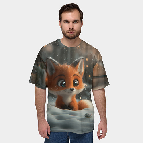 Мужская футболка оверсайз Лисичка удивляется снегу / 3D-принт – фото 3