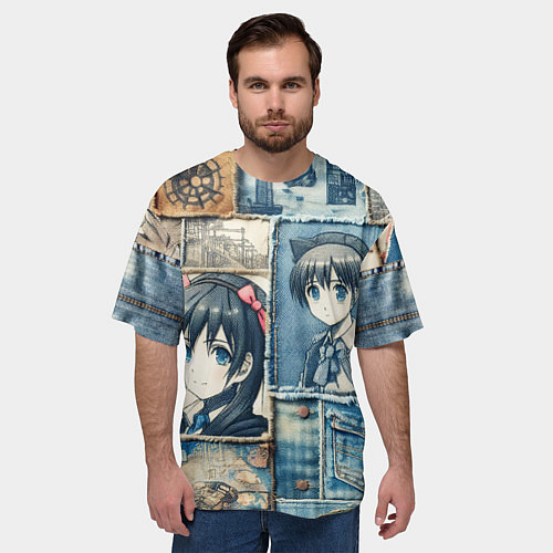 Мужская футболка оверсайз Пэчворк деним и аниме / 3D-принт – фото 3