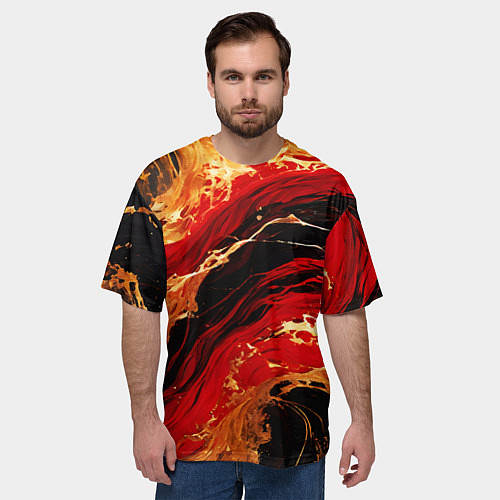 Мужская футболка оверсайз Красно-золотые брызги на чёрном фоне / 3D-принт – фото 3