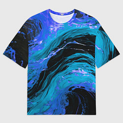 Футболка оверсайз мужская Синие брызги на чёрном фоне, цвет: 3D-принт