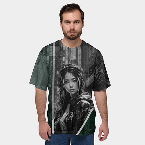 Мужская футболка оверсайз Азиатская девушка с зелёными глазами / 3D-принт – фото 3