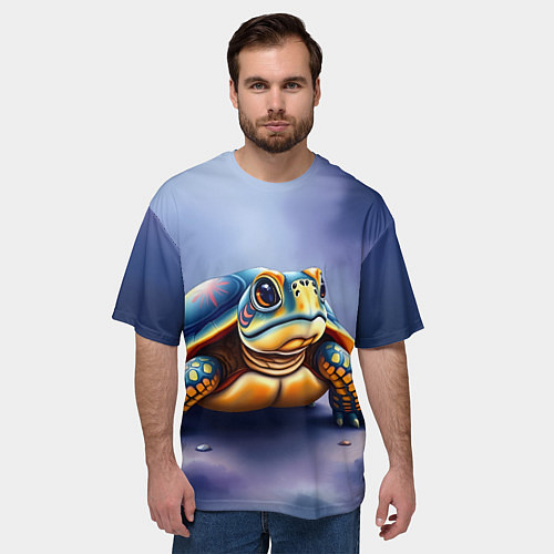 Мужская футболка оверсайз Черепашка на синем фоне / 3D-принт – фото 3