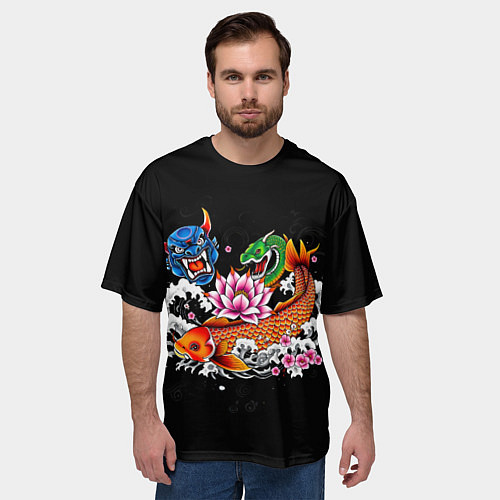 Мужская футболка оверсайз Татуировка рыба кои / 3D-принт – фото 3