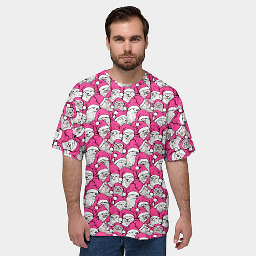 Мужская футболка оверсайз Выдры новогодние в розовых колпаках / 3D-принт – фото 3