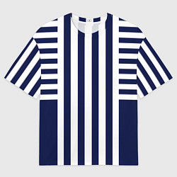 Мужская футболка оверсайз Бело синий комбинированный полосатый узор