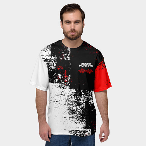 Мужская футболка оверсайз Arctic Monkeys - Красные и белые помехи / 3D-принт – фото 3