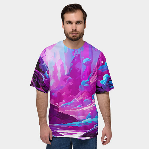 Мужская футболка оверсайз Фиолетовая кислотная абстракция / 3D-принт – фото 3