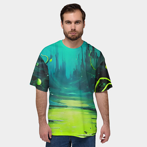 Мужская футболка оверсайз Зелёная кислотная абстракция / 3D-принт – фото 3