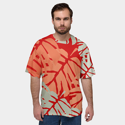 Мужская футболка оверсайз Отпечатки монстеры на красном / 3D-принт – фото 3