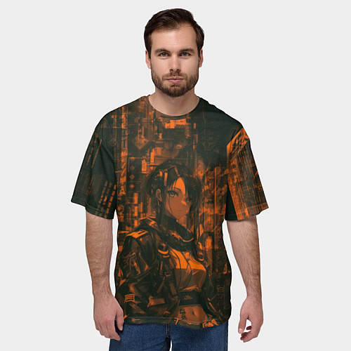 Мужская футболка оверсайз Девушка-андроид зелёно-оранжевых цветах / 3D-принт – фото 3
