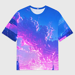 Футболка оверсайз мужская Розовые тучи на голубом небе киберпанк, цвет: 3D-принт