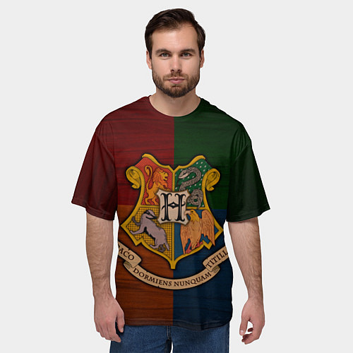 Мужская футболка оверсайз Hogwarts emblem / 3D-принт – фото 3