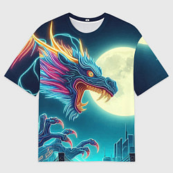 Футболка оверсайз мужская Японский свирепый дракон на фоне луны, цвет: 3D-принт