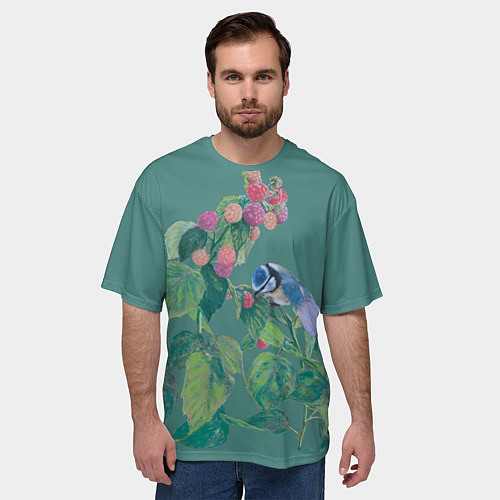 Мужская футболка оверсайз Малина и синичка / 3D-принт – фото 3