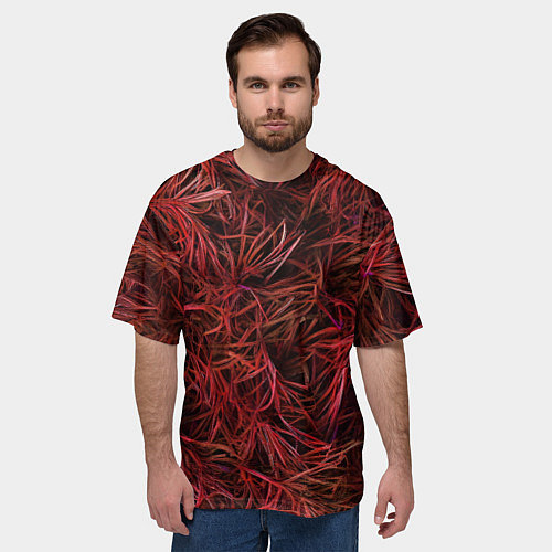 Мужская футболка оверсайз Красная трава на чёрном фоне / 3D-принт – фото 3