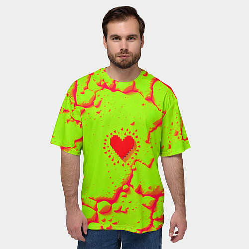 Мужская футболка оверсайз Сердечко на кислотном фоне / 3D-принт – фото 3