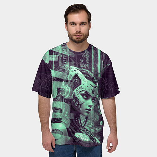 Мужская футболка оверсайз Девушка-андроид в фосфорном излучении / 3D-принт – фото 3
