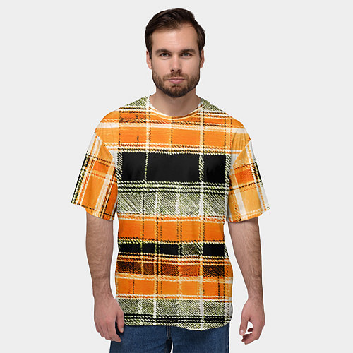 Мужская футболка оверсайз Белые полосы на чёрно-жёлтом фоне / 3D-принт – фото 3