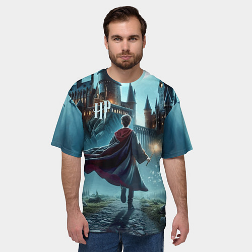 Мужская футболка оверсайз Гарри Поттер с волшебной палочкой - Хогвартс / 3D-принт – фото 3