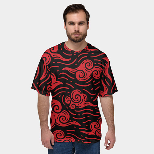 Мужская футболка оверсайз Японский орнамент - красные облака / 3D-принт – фото 3
