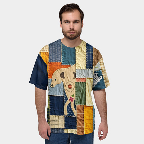 Мужская футболка оверсайз Пэчворк с собакой / 3D-принт – фото 3