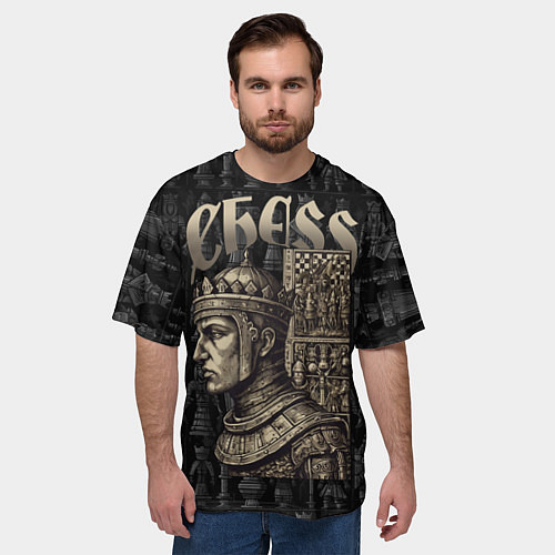 Мужская футболка оверсайз Король на фоне шахматных фигур / 3D-принт – фото 3