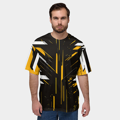Мужская футболка оверсайз Жёлто-белые полосы и точки на чёрном фоне / 3D-принт – фото 3
