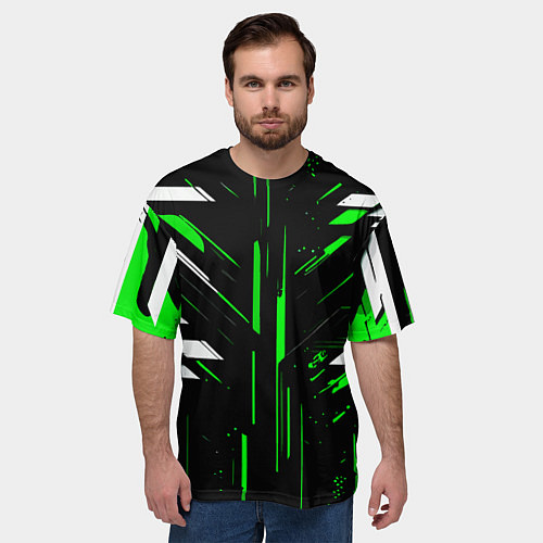 Мужская футболка оверсайз Зелёно-белые полосы и точки на чёрном фоне / 3D-принт – фото 3