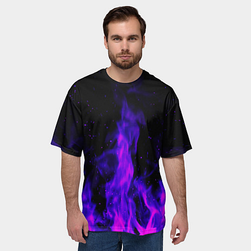 Мужская футболка оверсайз Неоновый огонь на черном фоне / 3D-принт – фото 3