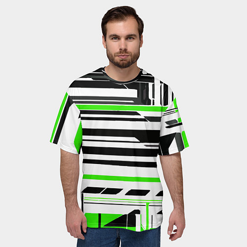 Мужская футболка оверсайз Зелёно-белые технологические линии на чёрном фоне / 3D-принт – фото 3