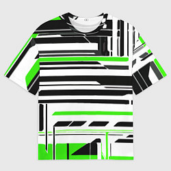 Футболка оверсайз мужская Зелёно-белые технологические линии на чёрном фоне, цвет: 3D-принт