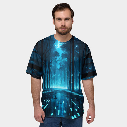 Мужская футболка оверсайз Синий цифровой лес / 3D-принт – фото 3