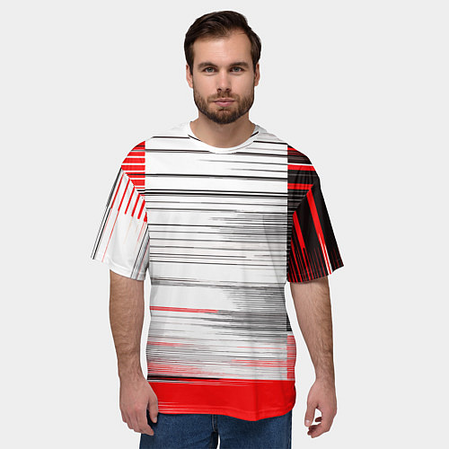 Мужская футболка оверсайз Чёрные вертикальные полосы на красно-белом фоне / 3D-принт – фото 3