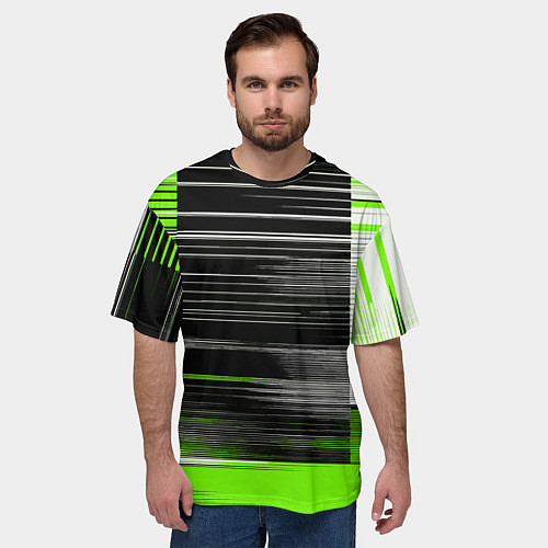 Мужская футболка оверсайз Белые вертикальные полосы на чёрно-зелёном фоне / 3D-принт – фото 3