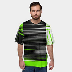 Футболка оверсайз мужская Белые вертикальные полосы на чёрно-зелёном фоне, цвет: 3D-принт — фото 2