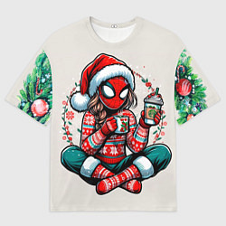 Футболка оверсайз мужская Новогодняя женщина-паук с горячим шоколадом, цвет: 3D-принт
