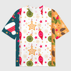 Футболка оверсайз мужская Новогодние паттерны комбинация, цвет: 3D-принт