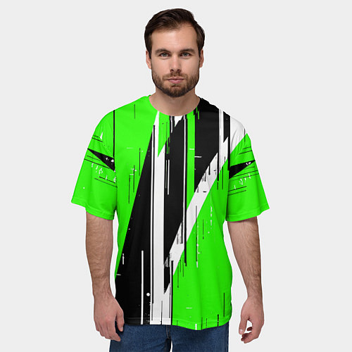 Мужская футболка оверсайз Чёрно-белые вертикальные полосы на зелёном фоне / 3D-принт – фото 3