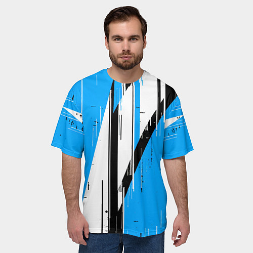 Мужская футболка оверсайз Чёрно-белые вертикальные полосы на синем фоне / 3D-принт – фото 3