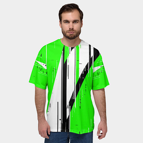 Мужская футболка оверсайз Black and white vertical stripes on a green backgr / 3D-принт – фото 3